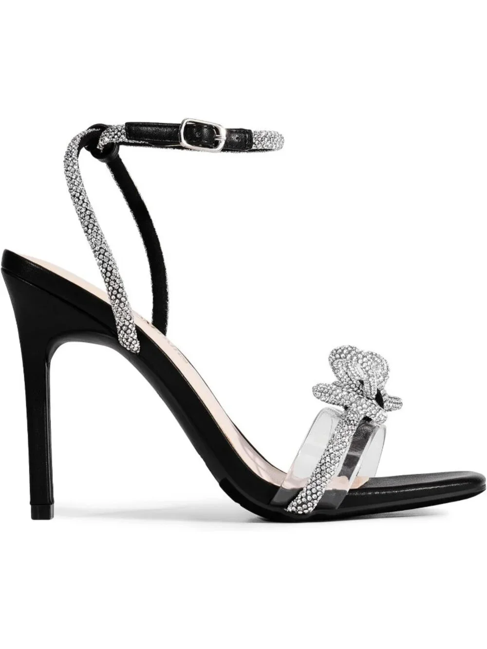 Women's Black Double Bowknots Crystal Clear Slingback Square Toe Wedding Heels